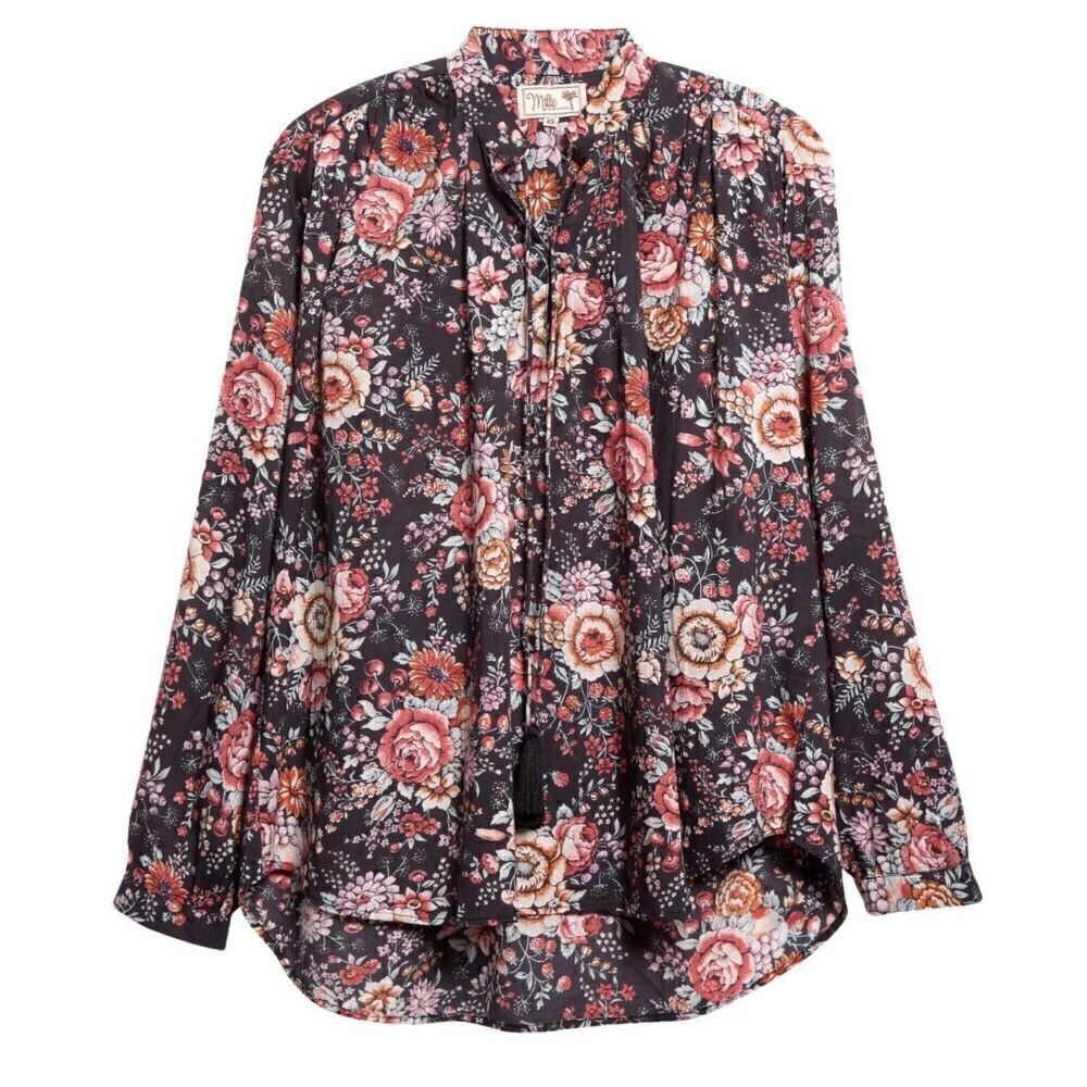 MILLE Joni Floral Tie Neck Top in Bloomsbury 100% Cotton NWT Size Large